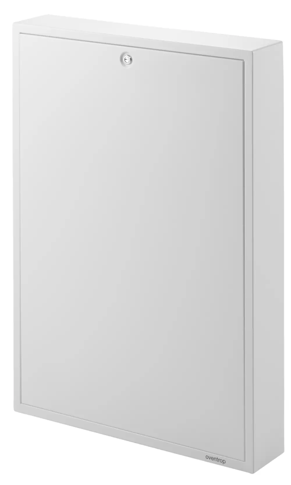 Weißes Gehäuse mit Tür und einem Schlüsselloch. Das Produkt von Oventrop ist für die Montage an der Wand vorgesehen und dient zum Schutz von technischen Geräten.